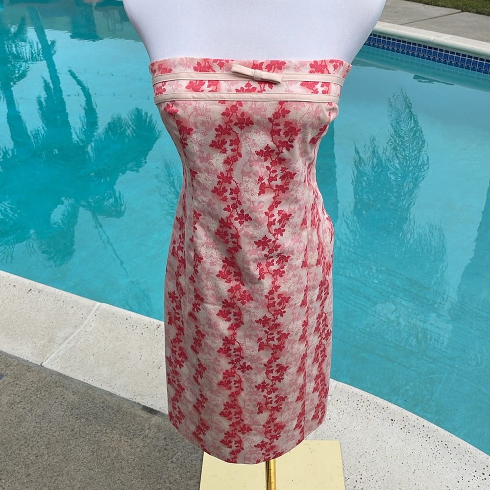 Strapless, pink-orange-white-floral, robin jordan midi-dress | Size 2